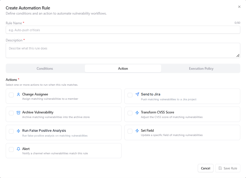 Automation rule actions in Snapsec VM