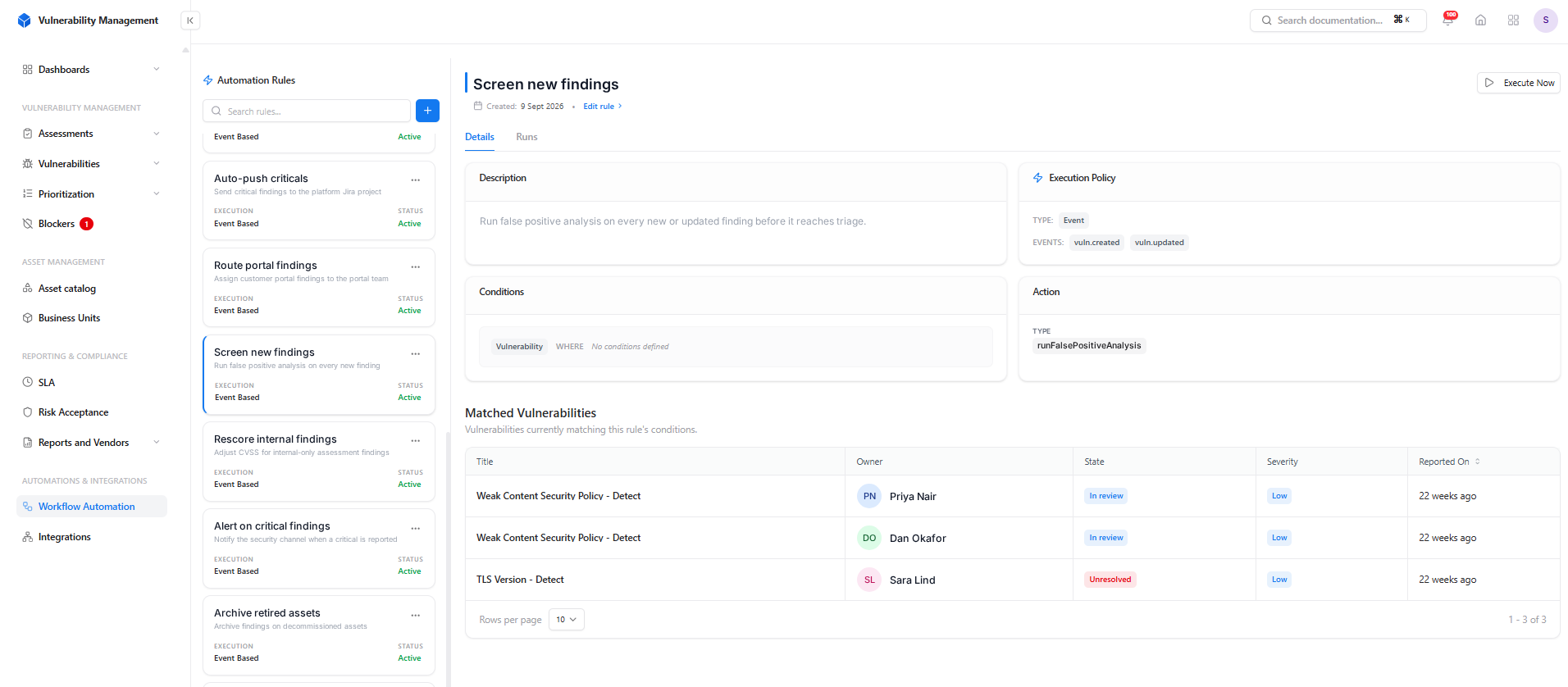 Automation rule details in Snapsec VM