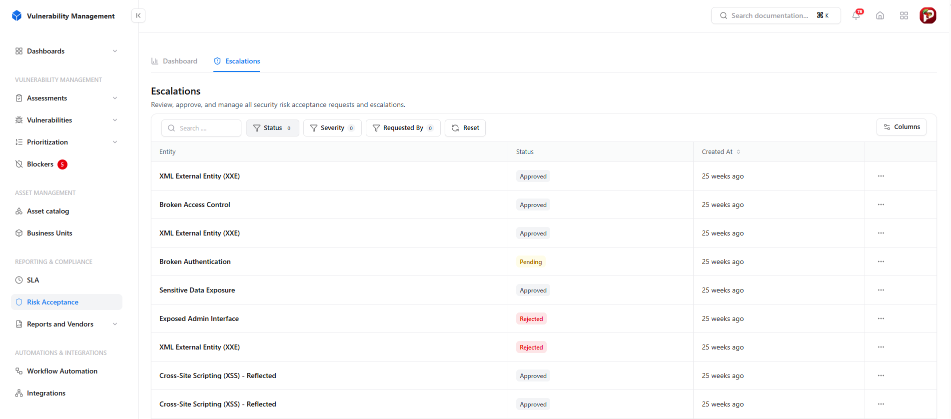 Risk acceptance escalations in Snapsec VM