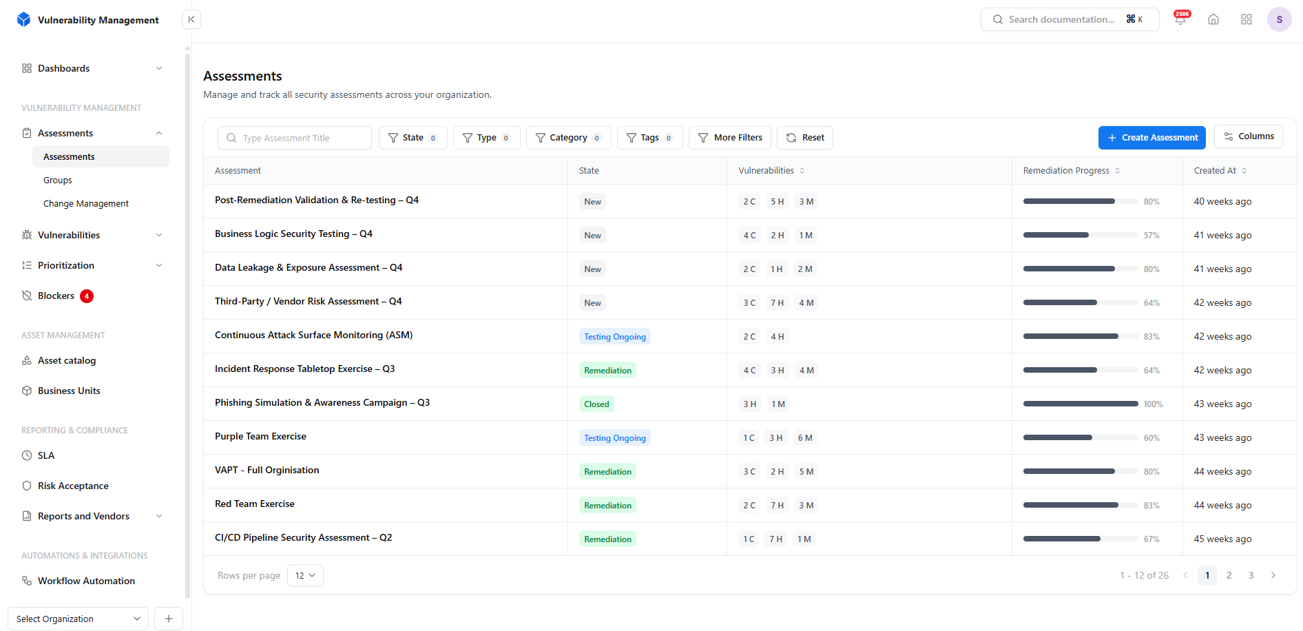 Assessments list in Snapsec VM