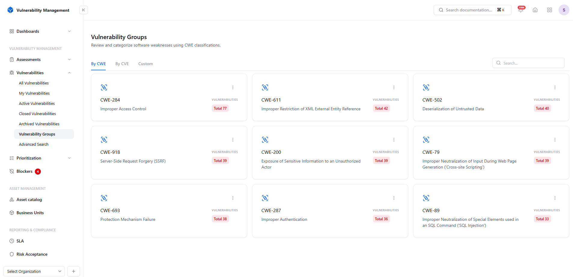 Vulnerability Groups by CWE in Snapsec VM