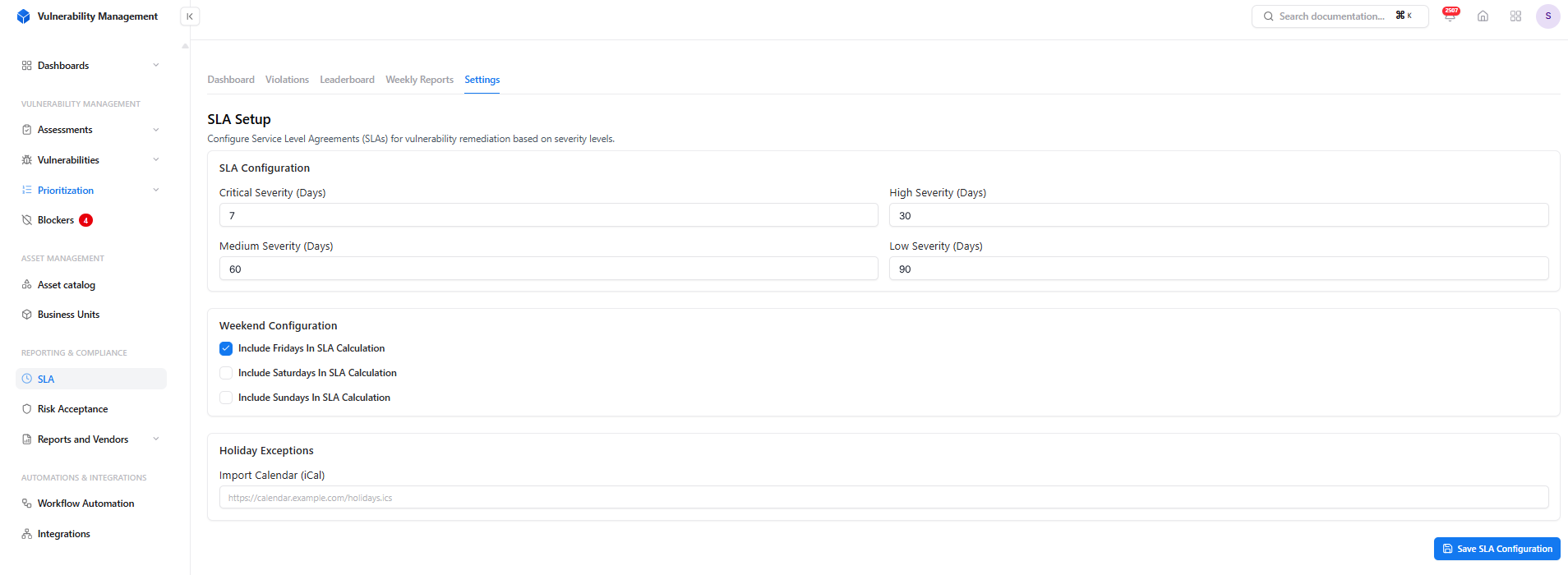 SLA settings in Snapsec VM